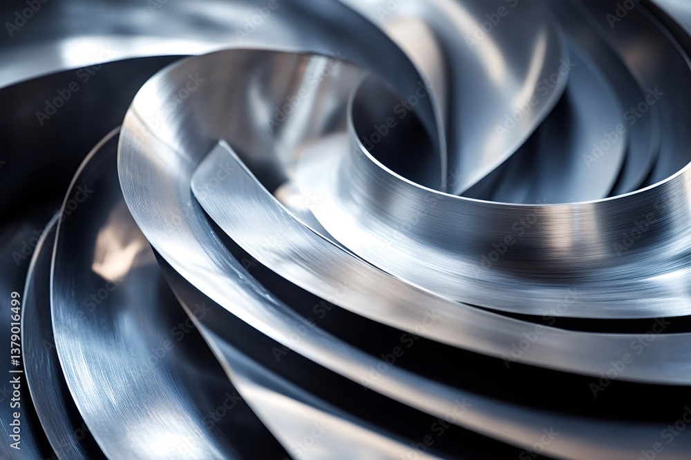 Poster metallic sheets creating a mesmerizing spiral pattern, showcasing a blend of industrial aesthetics a