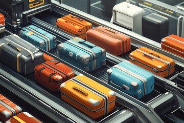 Colorful suitcases are moving on a conveyor belt at the baggage claim carousel in an airport, waiting to be picked up by passengers arriving at their destination