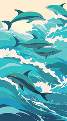Naklejka premium Playful dolphins in ocean waves illustration with blue and aqua colors