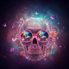 A skull with a stylized, colorful and psychedelic design, wearing round glasses with swirling cosmic patterns, surrounded by floral elements.

