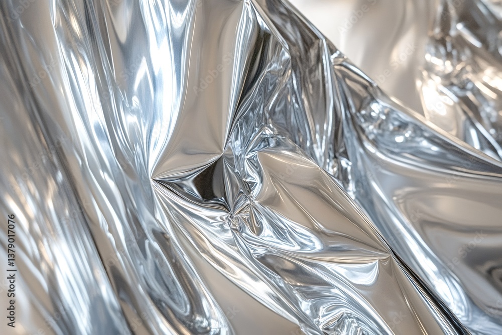 Poster crumpling silver metallic material into abstract shapes, reflecting light and creating a captivating