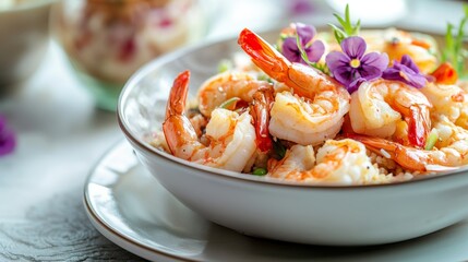 Gourmet shrimp poke bowl and smoothie in a stylish restaurant with elegant table setting and flowers