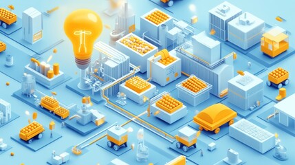 Obraz premium 3D isometric factory concept, innovation, manufacturing process, light bulb, bright future