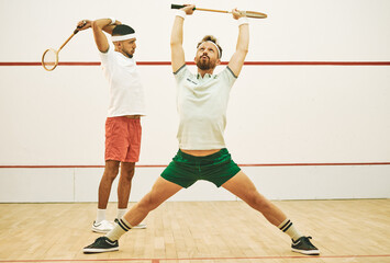 Court, squash and men with warm up for sport, training and practice with exercise for competition....