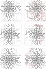 Six Complex Mazes Solutions Highlighted, Pathfinding Puzzles