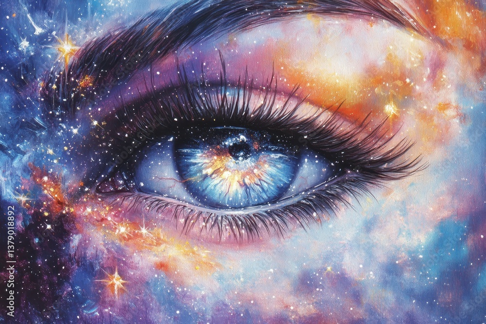 Poster a painting of a womans eye with stars in a dreamy and ethereal setting depict a dreamy ethereal brow