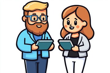 Cartoon Man and Woman Colleagues Holding Tablets Discussing Project Teamwork