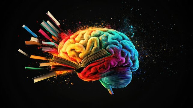 Colorful brain with books exploding, learning concept, abstract art