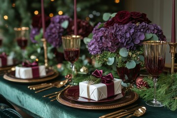 Elegant Dinner Table Decoration With Purple Hydrangeas and Festive Candle Arrangement for Celebration