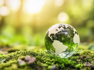 Crystal-clear globe on vibrant green moss with sunlit forest background, symbolizing Earth care and ecological harmony. Perfect for sustainability campaigns, green technology ads, and Earth Day visual