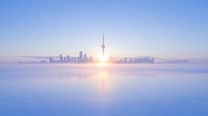 Obraz premium A cityscape rising from the mist during a beautiful sunrise