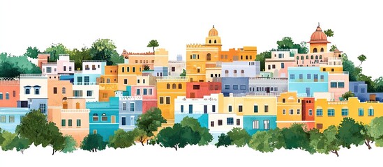 Obraz premium Colorful indian cityscape emerging from lush green foliage