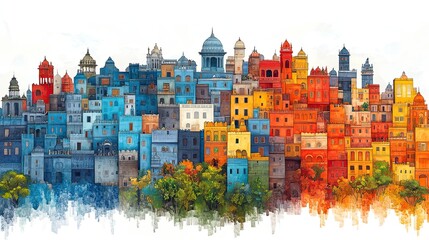 Colorful indian cityscape painting with traditional architecture