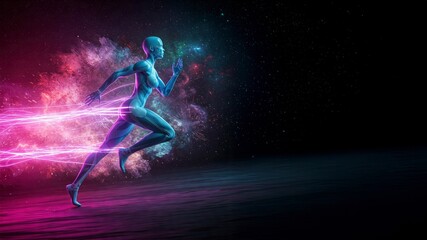 Obraz premium A female athlete running at full speed with dynamic light effects or energy trails surrounding her, against a dark, dramatic background.