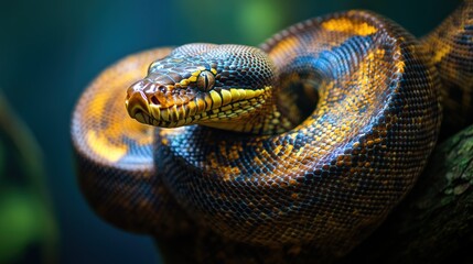 Obraz premium Close-up of a Coiled Python with Intricate Scale Patterns and Vibrant Colors