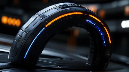 Illuminated black curved structure with neon orange and blue lights