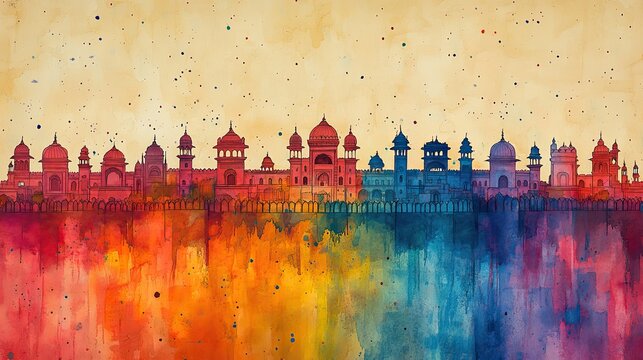 Colorful watercolor painting of lucknow skyline in india