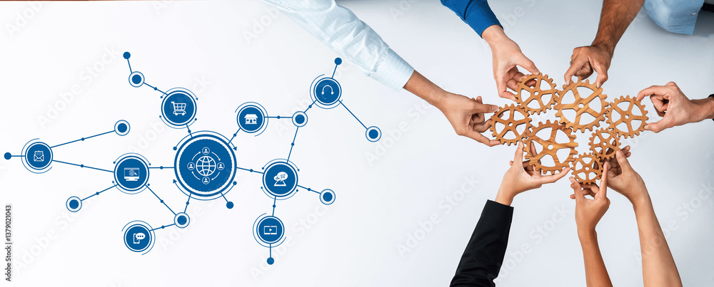 Aufkleber Hands working together connect gears and symbols that represent collaboration, innovation, and global communication in a modern business environment. Amity