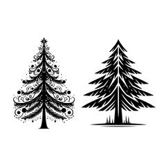 Set of Christmas trees in a winter forest with snow and holiday decorations