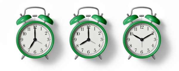 Green twin bell Alarm Clock analog classic vintage retro style, isolated on a transparent background, PNG. High resolution.