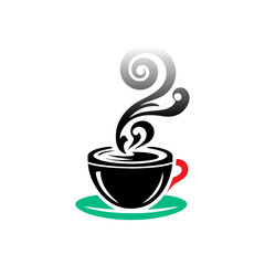 A steaming cup of coffee or tea with a simple icon design