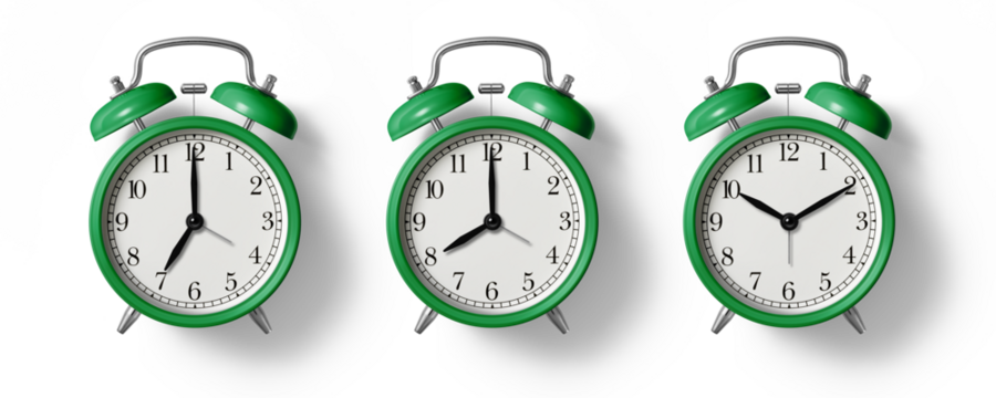 Green twin bell Alarm Clock analog classic vintage retro style, isolated on a transparent background, PNG. High resolution.