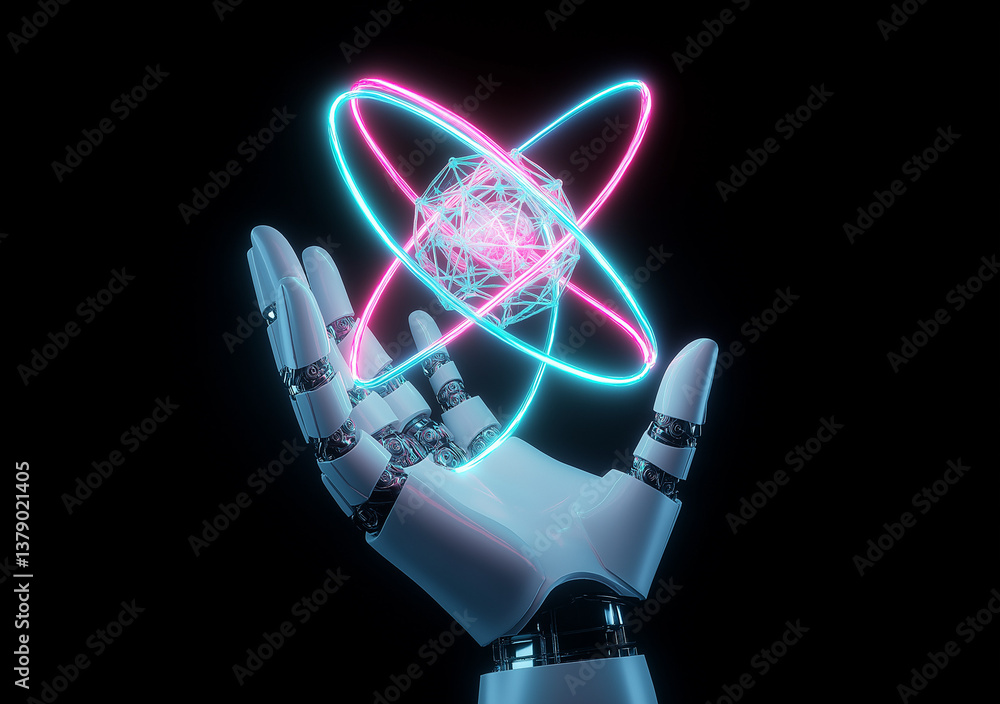 Poster  Robotic Hand Holding Glowing Atom  Futuristic Technology Concept  Neon Lines Connecting to Screen  White Background for Design Elements  Web Banner with Copy Space on Right Side