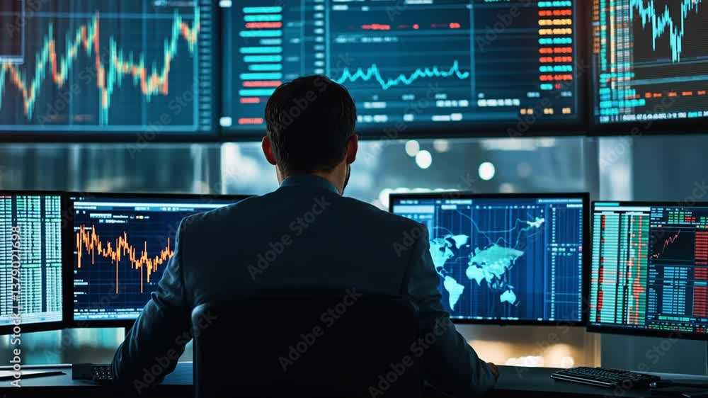 Poster professional analyzes financial data on multiple screens in a high-tech environment