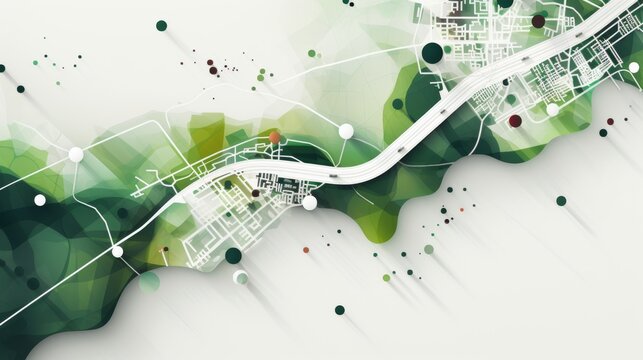 Minimalistic geometric city map design with roads and green areas on a gray and white background
