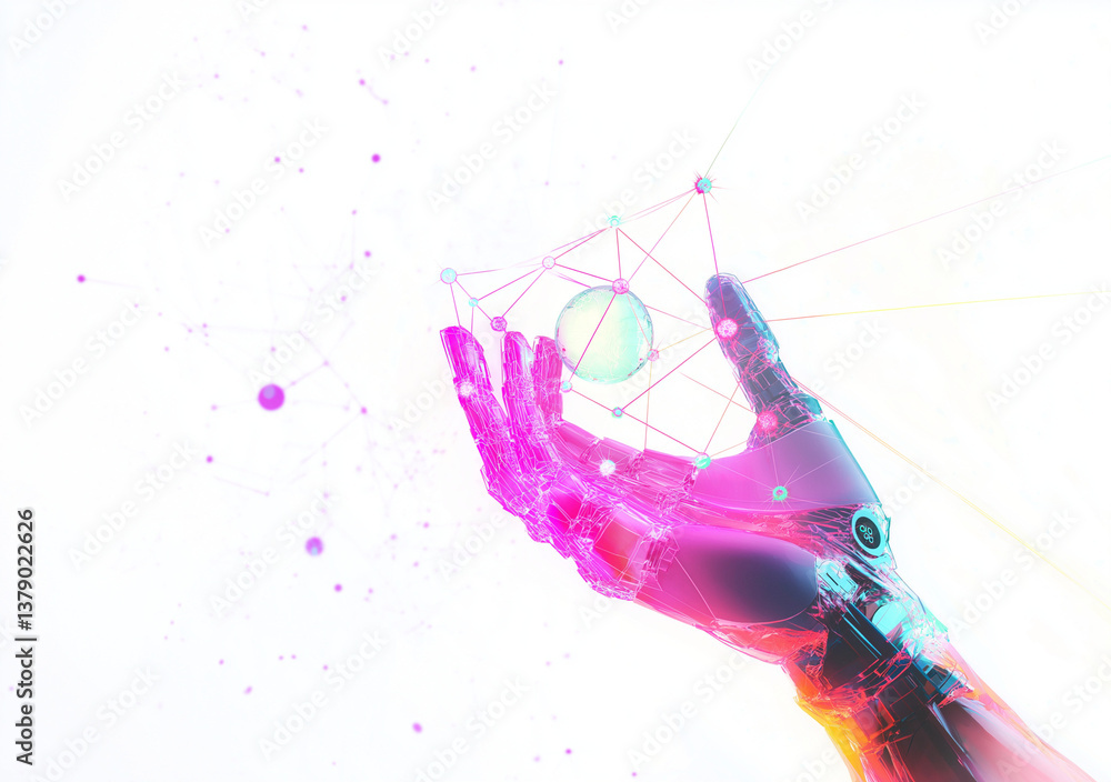 Poster robotic hand holding glowing atom futuristic technology concept neon lines connecting to screen whit