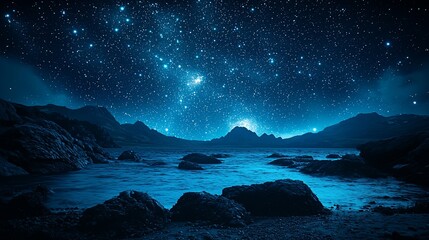 Tranquil Night Sky Landscape with Mountains and Water