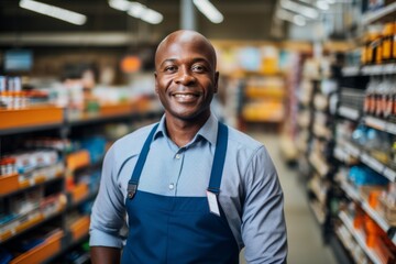 Fototapeta premium Portrait of happy African American salesman standing in appliance showroom