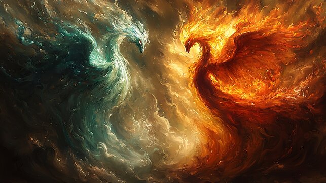 Fiery and Icy Phoenixes Digital Painting
