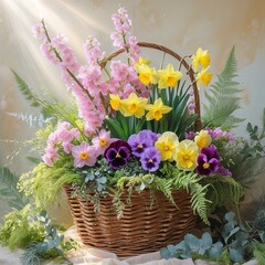 spring bouquet in a basket with multi-colored daffodils, viola and cherry