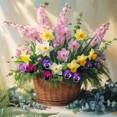 spring bouquet in a basket with multi-colored daffodils, viola and cherry
