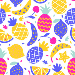 Tropical Exotic Fruit Pattern Crayon Bg Pineapple Banana Lemon Texture Summer Vector Chalk Seamless Abstract Background Organic Mix