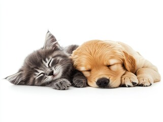 Obraz premium A golden retriever puppy dozes off with a British kitten, isolated in a cozy environment