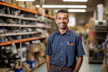 Portrait of happy salesman standing at hardware store