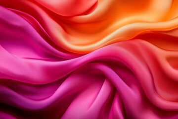 Obraz premium Soft pink and orange gradient fabric waves create vibrant, flowing texture. silky material showcases beautiful blend of colors, evoking sense of warmth and elegance