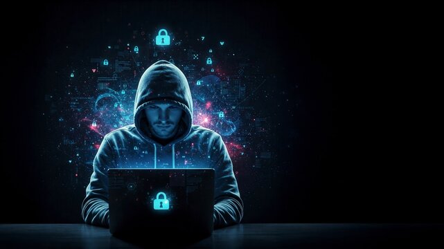 A hooded figure with a focused expression works on a laptop in a dimly lit, high-tech environment with abstract light and digital effects.

