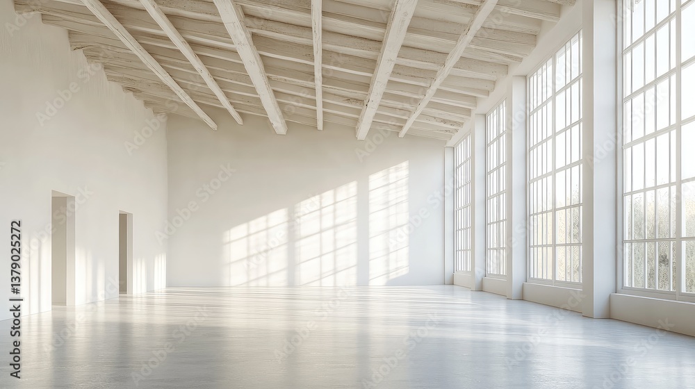 Poster a spacious, light-filled empty room with minimalist walls and a high ceiling, creating an open, invi