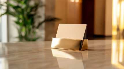 A beautiful and luxurious gold business card holder on a reception desk in the concept of professional connections