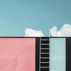 This minimalist artwork showcases a black ladder leaning against pink and blue pastel walls, set against a bright sky with fluffy clouds
