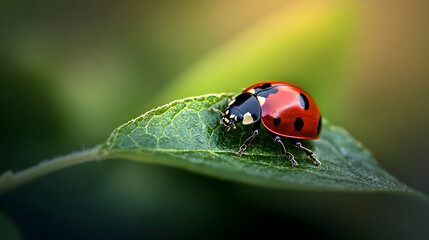 Fototapeta premium A ladybug crawling on a green leaf, with the vibrant red color of its body contrasting beautifully against the soft green backdrop of nature.