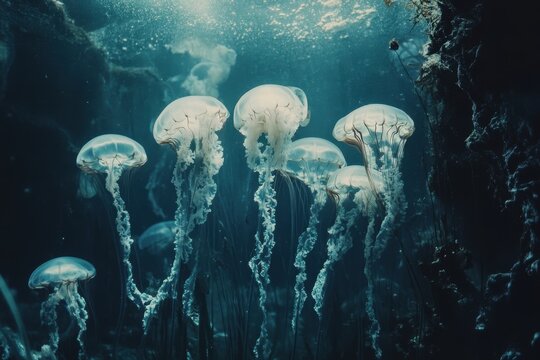 A photo capturing a group of jellyfish gracefully swimming in an aquarium Bioengineered marine life in the deep sea .
