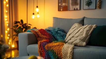 A stylish and inviting living room with a soft grey couch, a chunky knit cream sofa bed, and a colorful blanket under warm lighting.