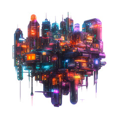 A Digital Floating Alien City with Neon Lights and Geometric Buildings Isolated on Transparent Background