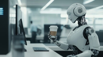 Futuristic office assistant enjoying a coffee break with robotic automation