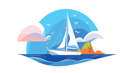 Naklejka premium Abstract sailboat on ocean with blue sky and clouds