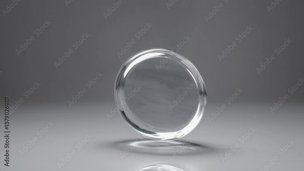 Poster transparent glass disc rotating and gently landing on pristine white background, creating sleek visu